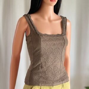 Vintage Y2K Cabi Brown Lace Trim Tank Top Sleeveless Square Neck Fairy Grunge S